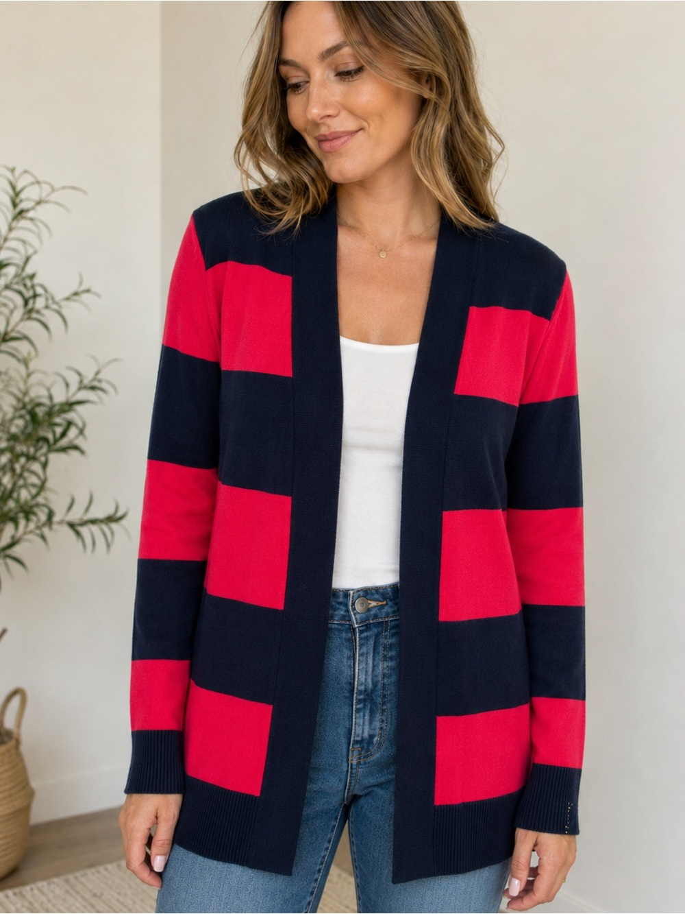 Gap Women’s Red Navy Stripe Open Front Cotton Cardigan Size Medium
